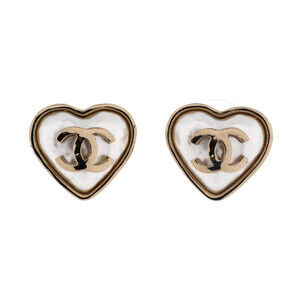 Chanel CC Heart Stud Earrings Metal and Faux Pearl